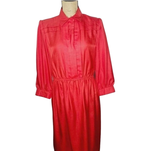 Vintage 80s Long Sleeve Cherry Red Classic Preppy Shirt Dress - Picture 1 of 17